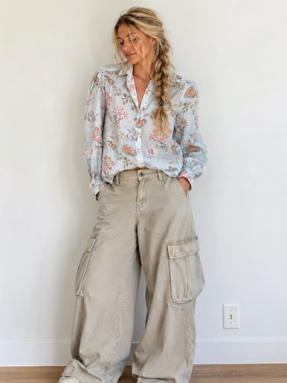 Sundance Cotton Silk Light Blue Floral Button down Top Vintage Inspired Sm